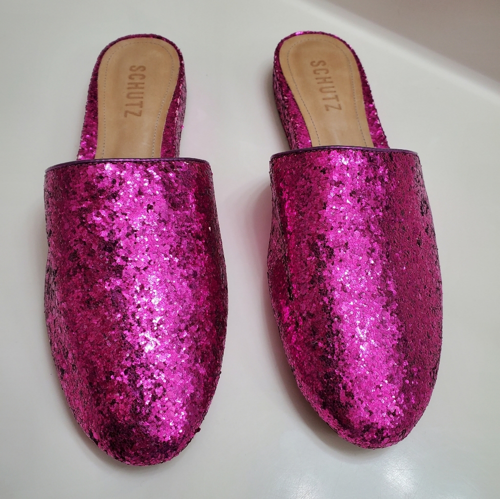SCHUTZ 'Sulenya' Pink Glitter Mules (7B) - Picture 5 of 9